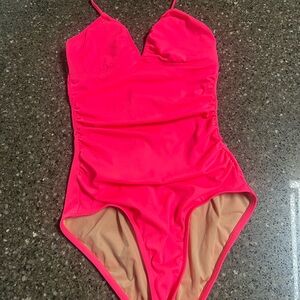J. Crew Hot Pink One-Piece Swimsuit Ruched Sides Size 0 Vibrant Plunge Swimming